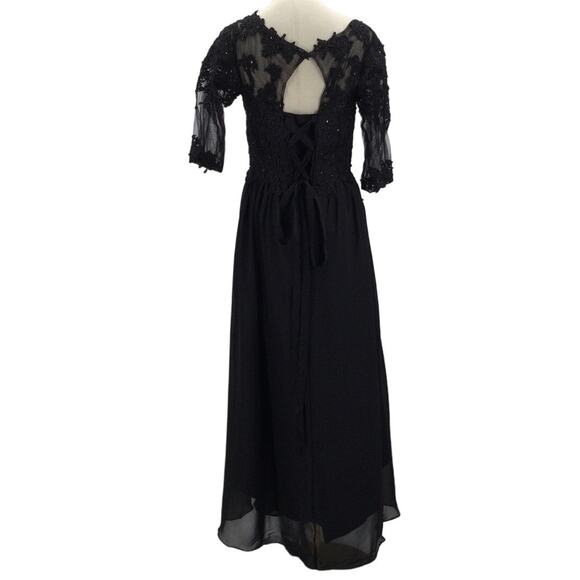 FORMAL SZ 12 L black pleated beaded embroidered lace up hi low maxi dress B169 - Picture 2 of 8